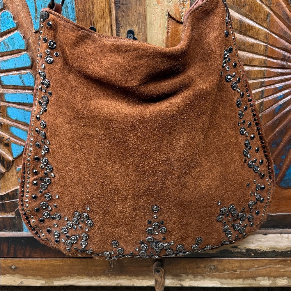 Capmpomaggi cognac suede/leather studded large shoulder/crossbody bag. New!
